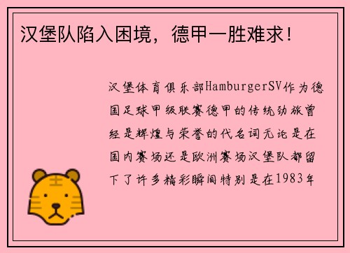 汉堡队陷入困境，德甲一胜难求！