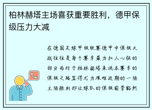 柏林赫塔主场喜获重要胜利，德甲保级压力大减
